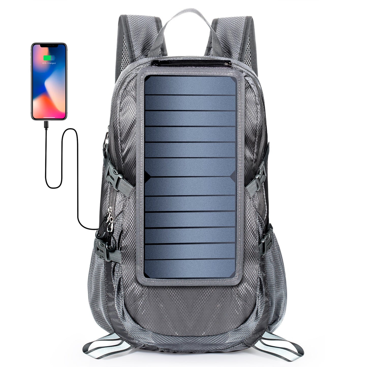 Sac à dos solaire pliable, sac de jour de randonnée avec alimentation 5V, Charge de panneau solaire 6.5W pour téléphones portables