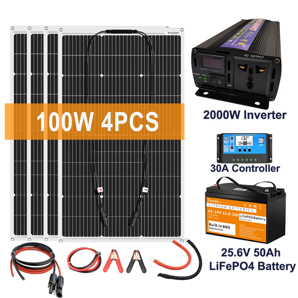 2000 Watt Solar Power System For Home Complete Kit With 100W 200W 400W Solar Panel 30A Charge ConWh LFP Battery