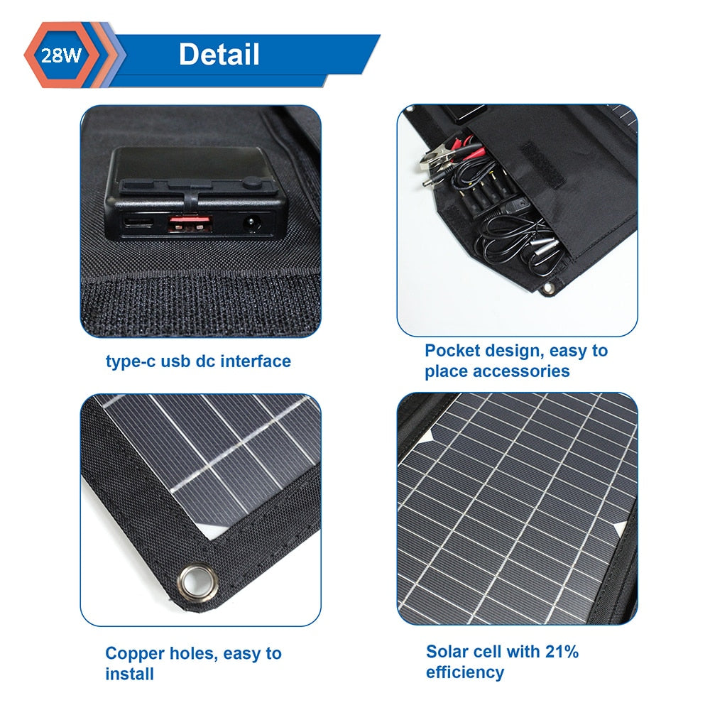 Panneau solaire Portable amélioré 28W 21W 14W, chargeur Double USB 5V 18V DC, panneau solaire pliable pour Camping, Charge de téléphone, batterie externe