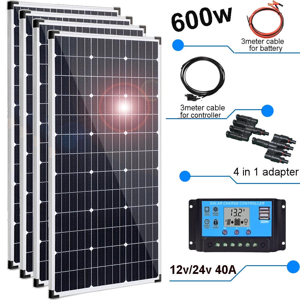 Panneaux solaires 1600w 1000w 600w 450w 300w, kit de chargeur de batterie 12v, système de panneaux photovoltaïques pour balcon, maison, voiture, bateau, camping-car, toit