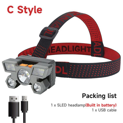 Lampe de poche à 5 LED, Rechargeable, avec batterie 18650 intégrée, lumière forte, pour Camping, aventure, pêche, lampe frontale