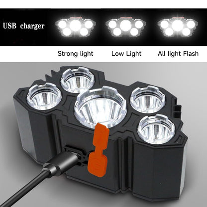Lampe de poche à 5 LED, Rechargeable, avec batterie 18650 intégrée, lumière forte, pour Camping, aventure, pêche, lampe frontale