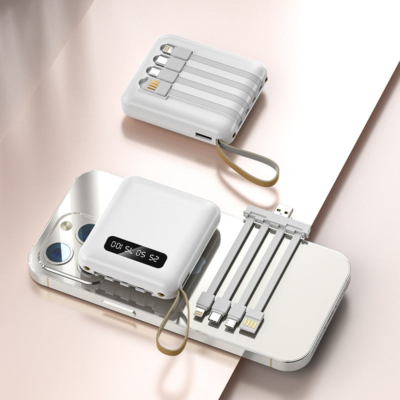 Mini Power Bank 20000 мАч с 4 кабелями, внешнее зарядное устройство для мобильного телефона для iPhone, Samsung, Huawei, Xiaomi, портативный Powerbank
