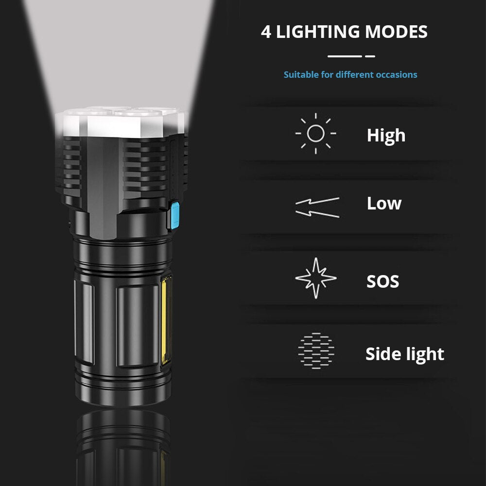 Lampes de poche LED haute puissance, torche de Camping avec 4 perles de lampe et lumière latérale COB, lanterne portative Rechargeable, 4 modes d'éclairage