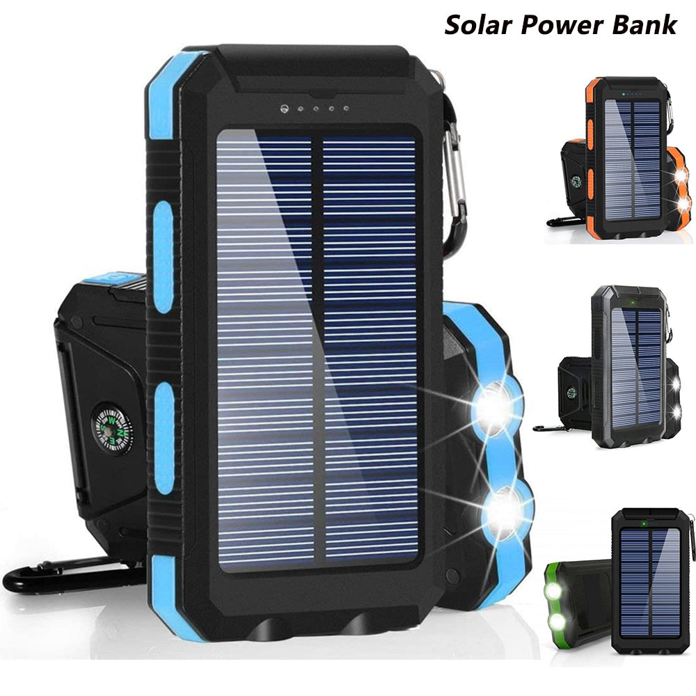 Портативная солнечная батарея 20000 мАч, зарядка повербанка, три защиты, внешнее зарядное устройство, мощный светодиодный светильник, двойное питание USB