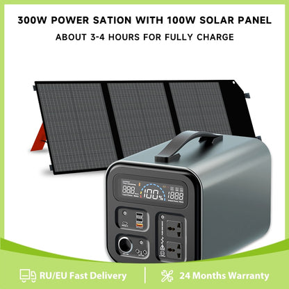 300W Portable Power Station with 100W Solar Panel for Camping 320WH Lifepo4 Battery Solar Generator for Home Outdoor Tent