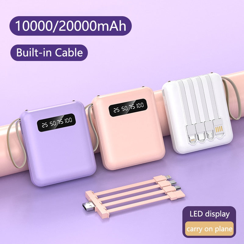 Mini batterie externe 20000mAh avec 4 câbles, chargeur de batterie externe pour téléphone Portable iPhone Samsung Huawei Xiaomi